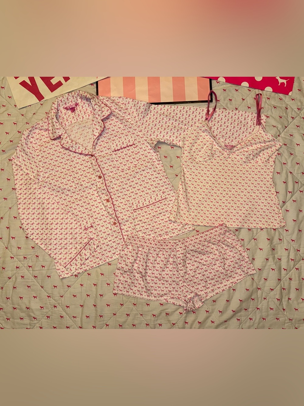 VS PINK VINTAGE Y2K PJS PAJAMA SLEEP 3 PIECE SET MONOGRAM DOG PUP LOGO RARE HTF